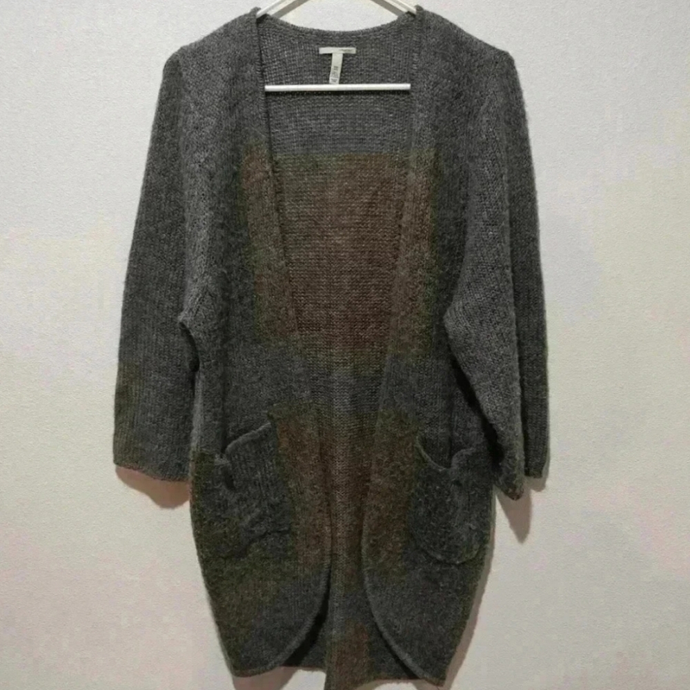 Halogen Wool and Mohair Cardigan Large Gray Green Gold Color Block Long Heavy - Picture 2 of 6